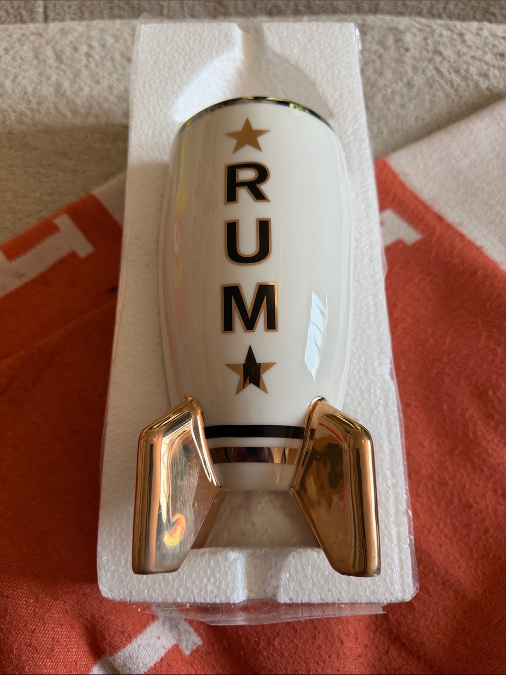 Jonathan Adler White Ceramic Rocket decanter with Gold Fins and Black Lettering
